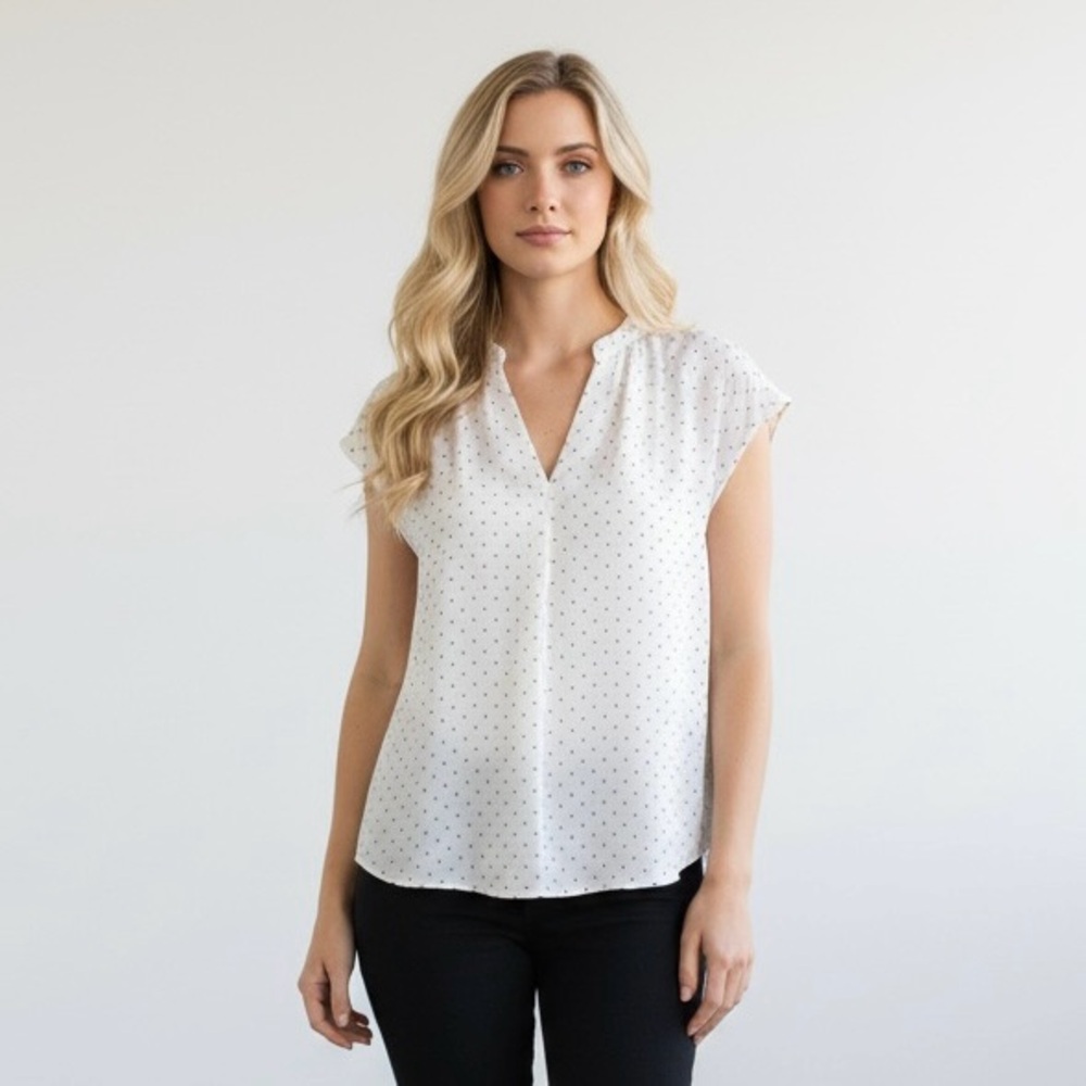 Philosophy Republic Clothing V-Neck Polkadot Short Sleeves White & Black Blouse